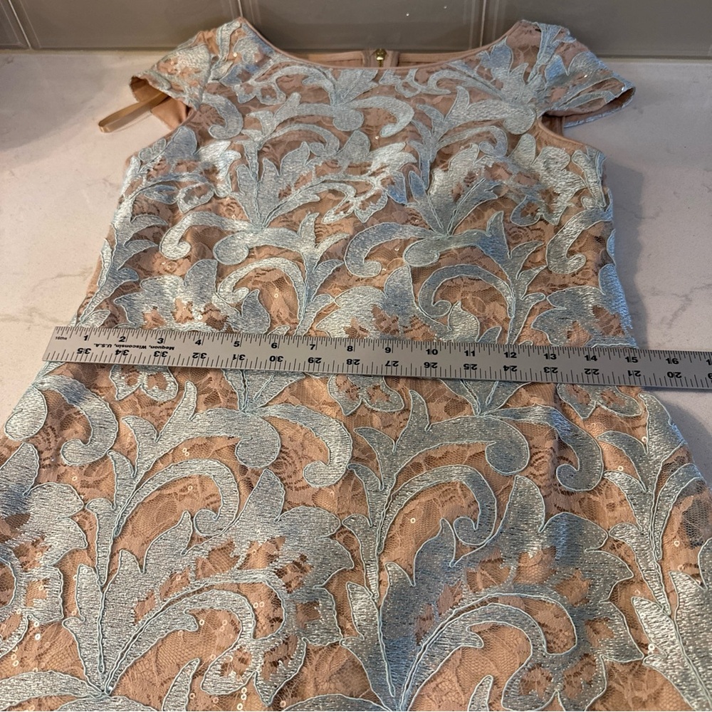 Eliza J Floral Lace Sheath Dress Cap Sleeve Light Blue Nude Lining Size 0 - Picture 12 of 16